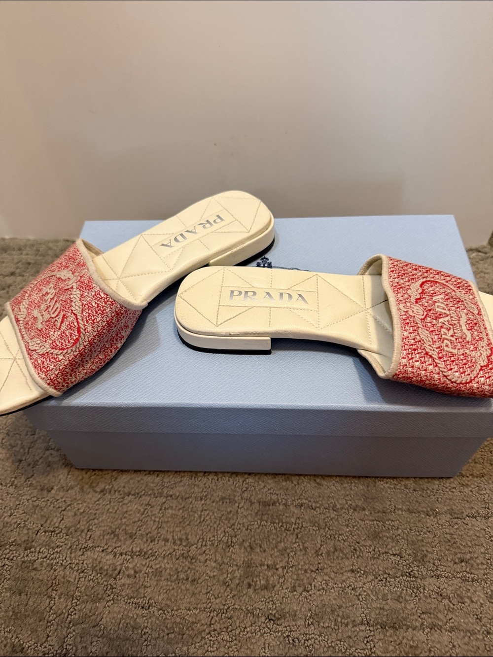 Prada White Slides with Red Woven Logo Strap - Picture 2 of 4